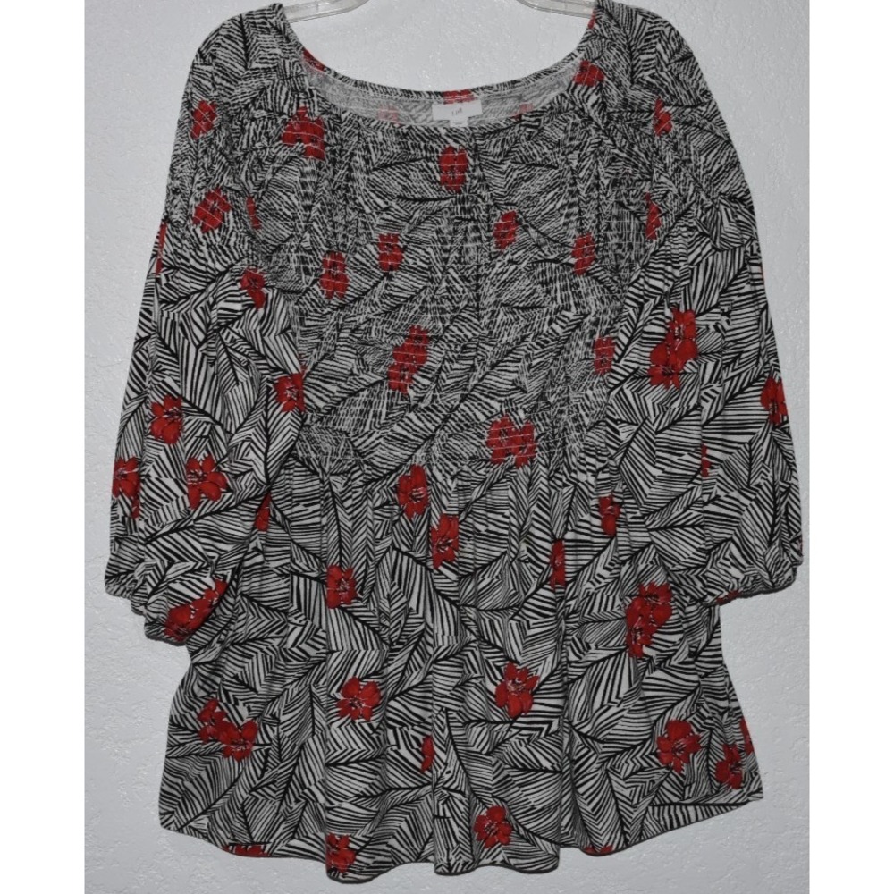 J Jill Smocked Top XL Boho Cottage Soft Knit Romantic‎ Black/White Red Floral